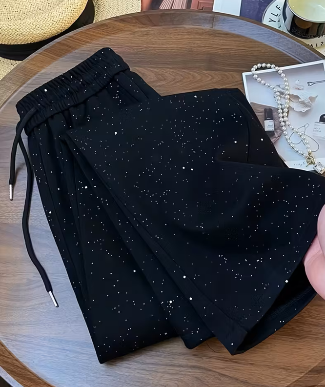 Women's Wide-Leg High-Waisted Ice Silk Pants with Glittering Star Pattern – Elegant Casual Style