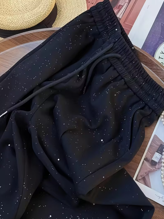 Women's Wide-Leg High-Waisted Ice Silk Pants with Glittering Star Pattern – Elegant Casual Style