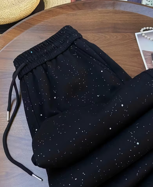 Women's Wide-Leg High-Waisted Ice Silk Pants with Glittering Star Pattern – Elegant Casual Style