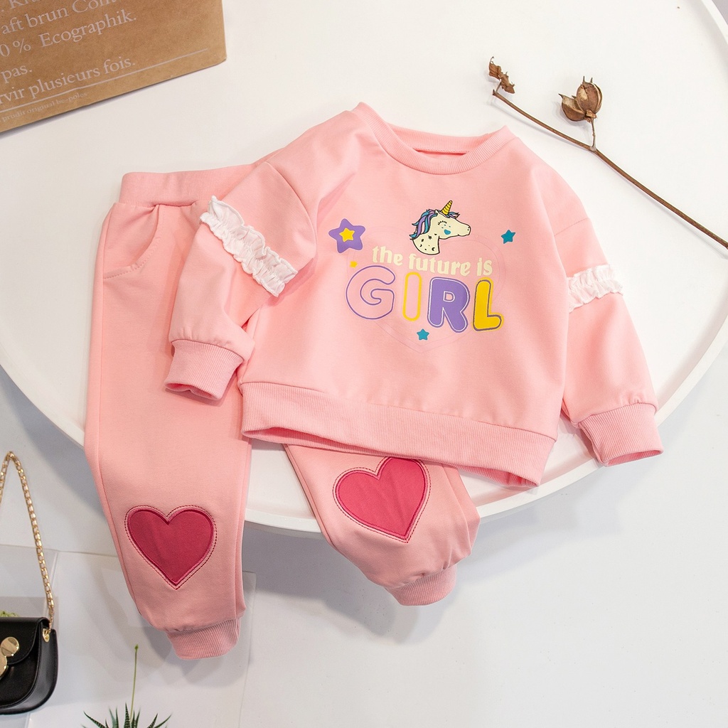 Girls' Spring And Autumn Lace Stitching Coat Cartoon Long Sleeve Sweet Lace Bell-bottom Pants