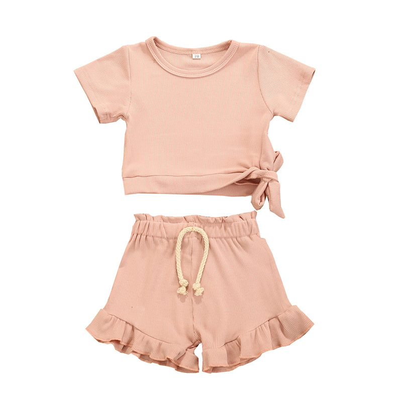 Girls' suit summer solid color short-sleeved round neck blouse lace lace shorts candy color Korean children's suit tide