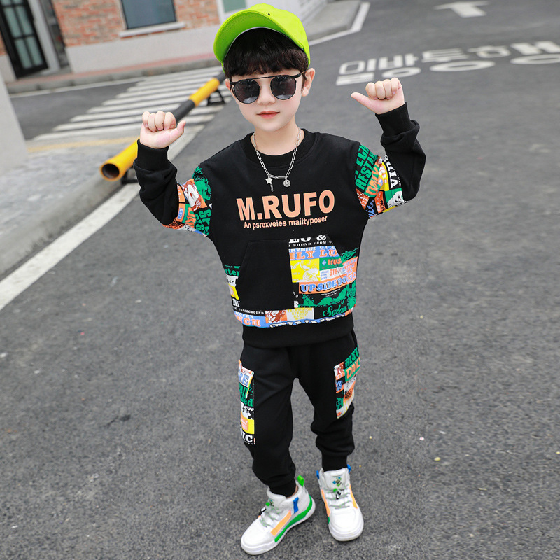 Boys Spring Clothes Suit Printed Sweater Two-piece Set
