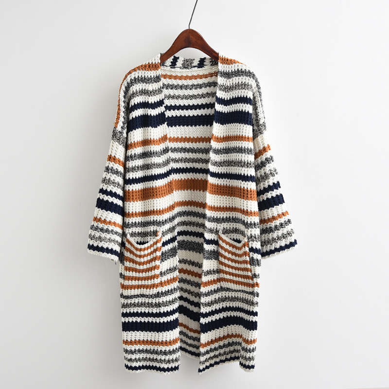 Knitted and Color Striped Double Pocket Mid-length