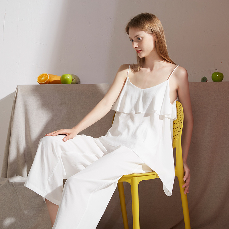 Cute two-piece cotton home suit with sling ruffle