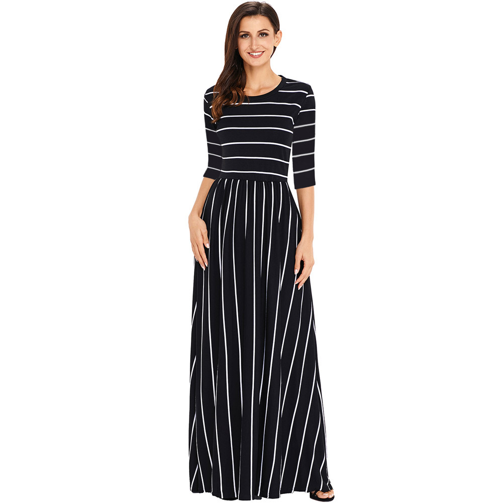 Striped round neck 3/4 sleeve high waist dress