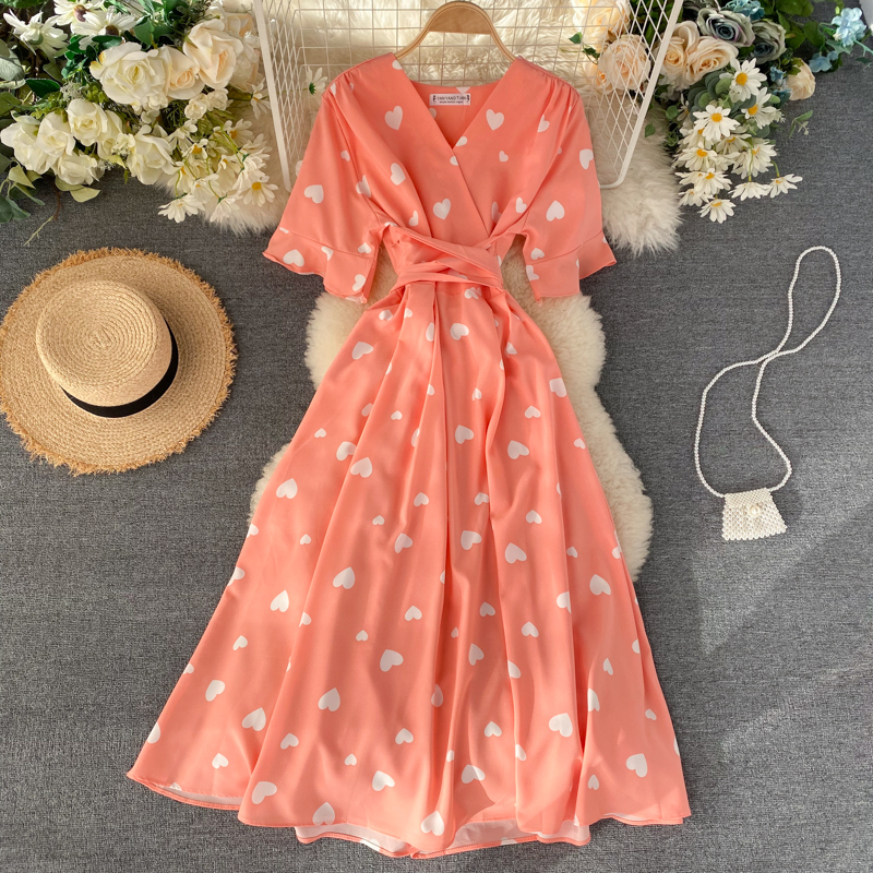 Love pattern V-neck short sleeve waist