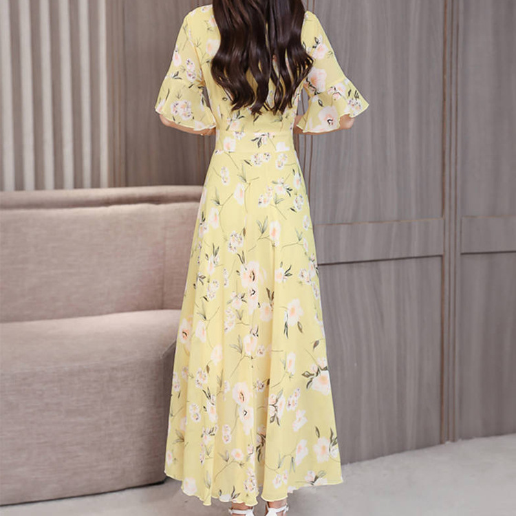 new large size short-sleeved holiday dress female summer loose slim green flower fashion temperament long skirt