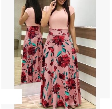 European and American style flower print color matching dress long skirt