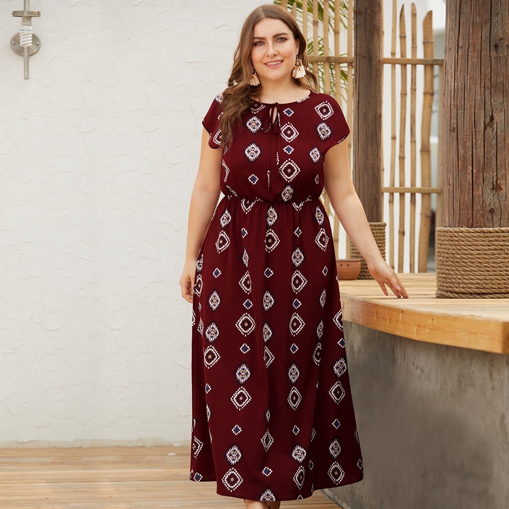 Original design cross-border Europe and the United States new belt with round neck short-sleeved high waist large swing large size women's holiday print dress