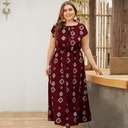 Original design cross-border Europe and the United States new belt with round neck short-sleeved high waist large swing large size women's holiday print dress