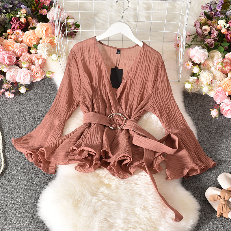 Cross V-Neck Low-Cut Sexy Flared Sleeve Top