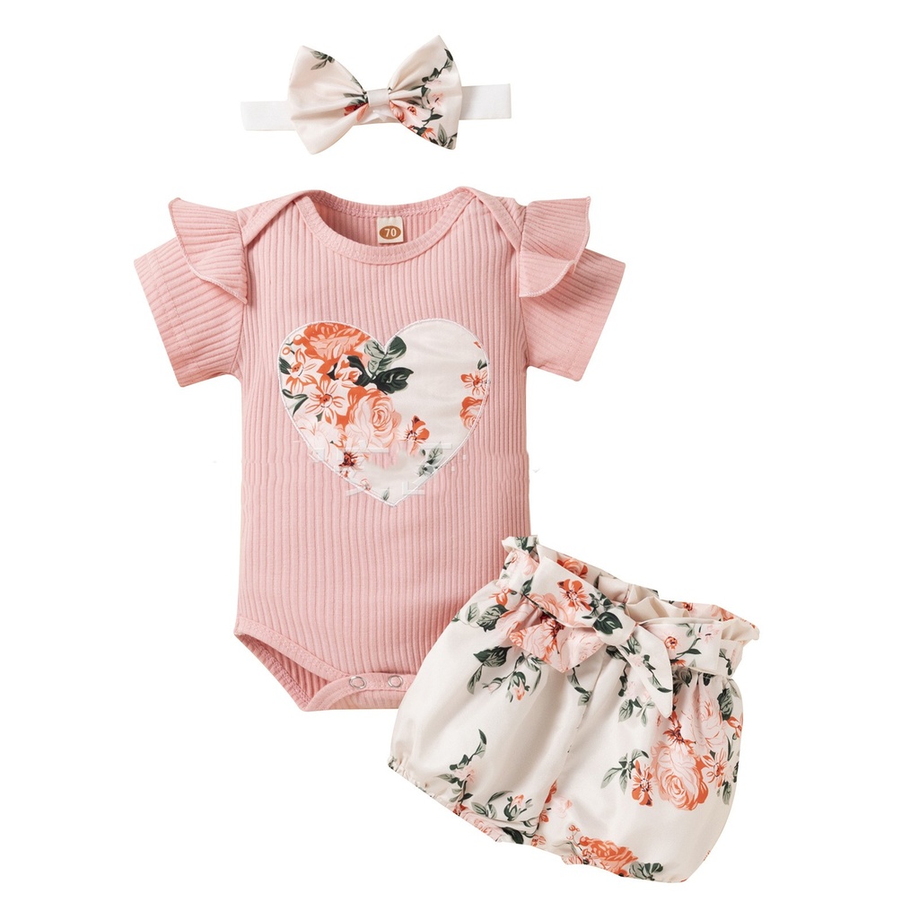 Love Short Sleeve Flying Sleeve Romper Fragmented Flower Shorts Headknot Set