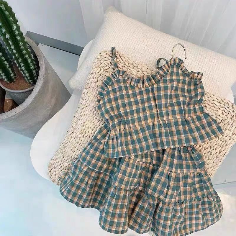 Girls' Short Summer Plaid Suspender Top Mid Skirt Suit For Women