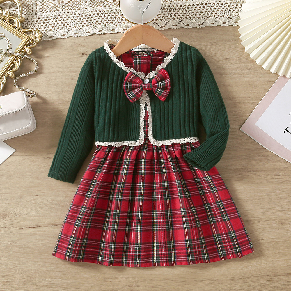 Girls Autumn Knitted Lace Top Plaid Vest Skirt Suit