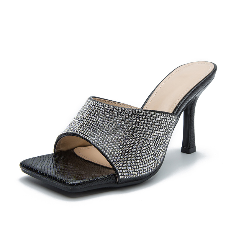 Square Rhinestone Snake Pattern Stitching And Wearing Sandals