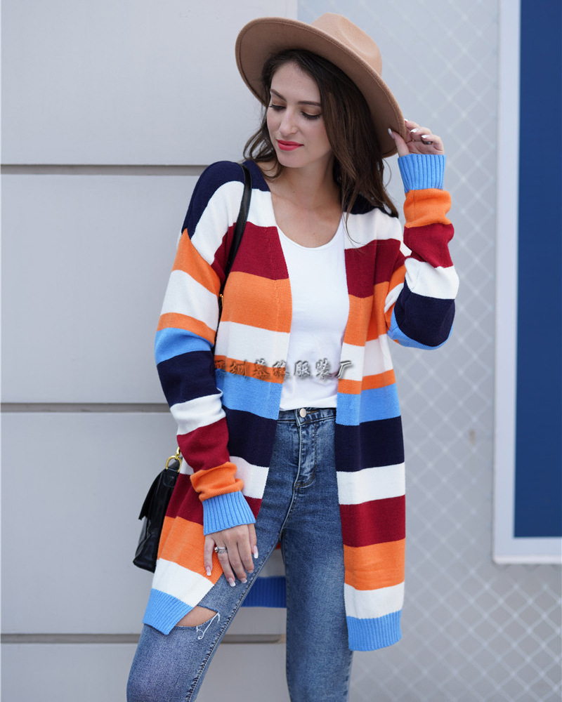 Contrast Striped Sweater Women's Long-sleeved Jacket Cardigan