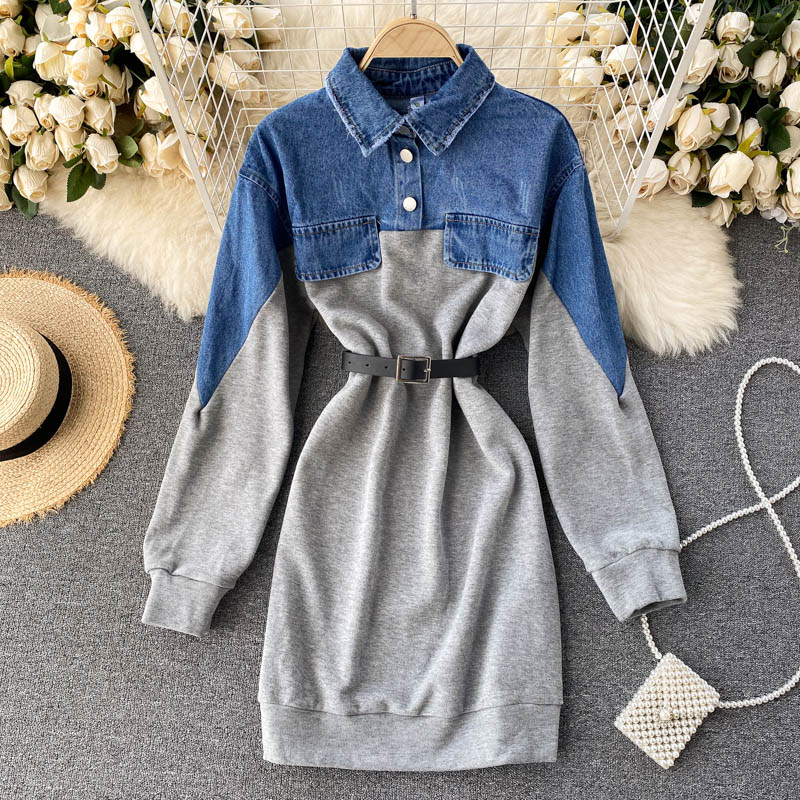 Fashion Retro Denim Stitching Slim Dress