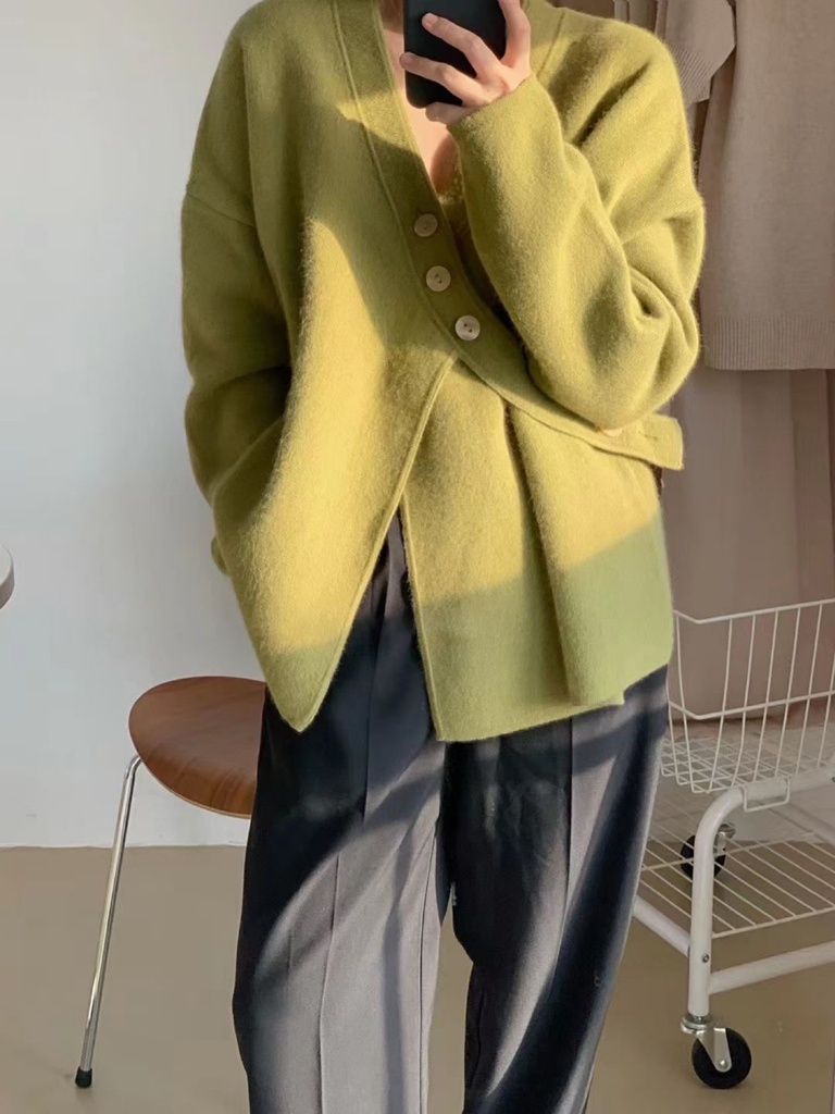 V-neck Diagonal Buckle Loose Knit Sweater Jacket
