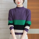 Women's Half Turtleneck Mixed Color Stripe Sweater Pullover