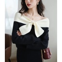 Design Niche Off-shoulder Bow Top Women's Spring New Black Knitted Chic Inner Wear T-shirt