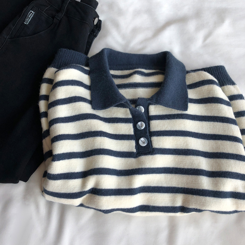 Women's Polo Polo Collar Stripes Sweater Long Sleeve Knitted Top