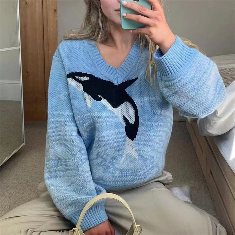Women's Dolphin Printing Long Sleeve Loose Sweater