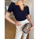 Contrast Color V Neck Short Sleeved Sweater