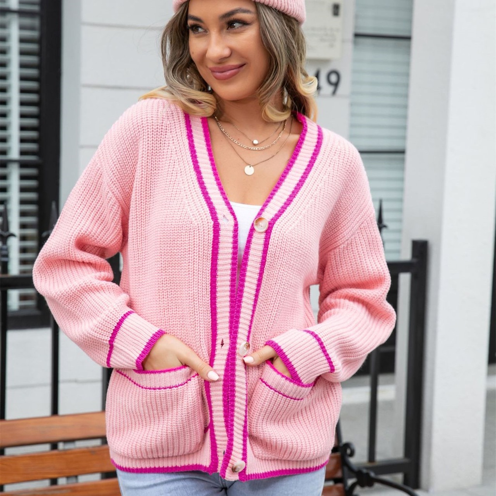 Women's Fashionable Simple Color Matching Pocket Coat V-neck Sweater