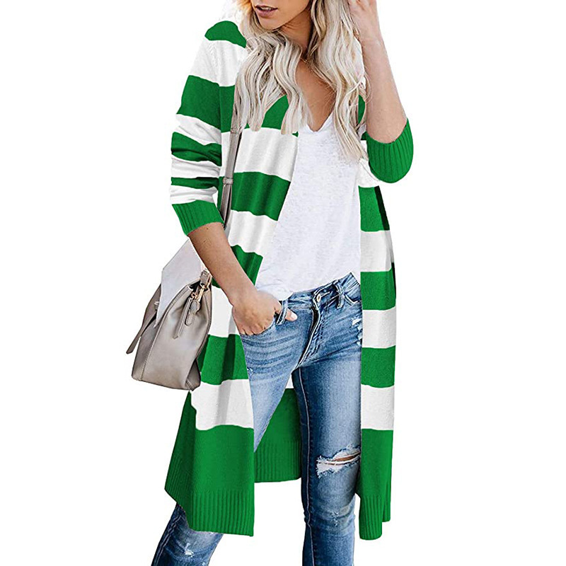 Contrast Stripe Long Cardigan Women's Sweater