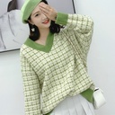 Autumn Checkered Knit Pullover Short Loose Sweater