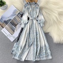 Elegant printed women's dress featuring a classic lapel collar and lantern sleeves that add a refined feminine touch