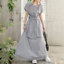 Japanese Style Back Tie Bow Short Sleeve Long Dress Artistic Style Solid Color Simple