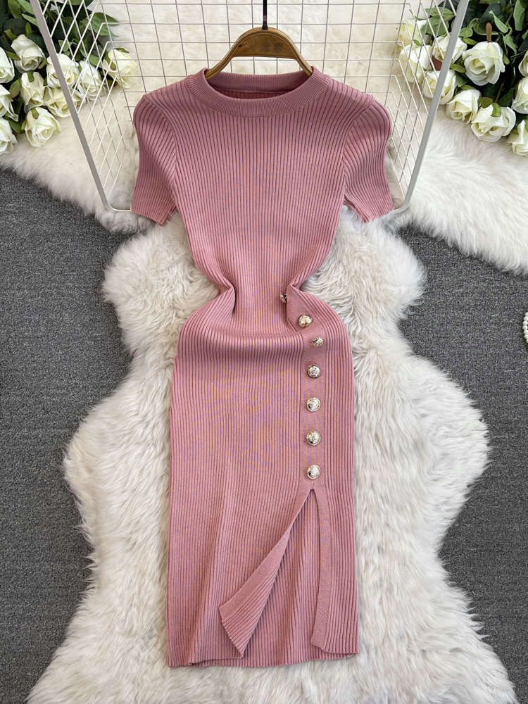 Solid Color Round Neck Breasted Short Sleeve Stretch Knitted Slit Sheath Dress