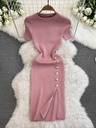 Solid Color Round Neck Breasted Short Sleeve Stretch Knitted Slit Sheath Dress