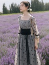 Retro Pleating Waist Seal High Waist Elegant Floral Square Collar Dress Send Belt