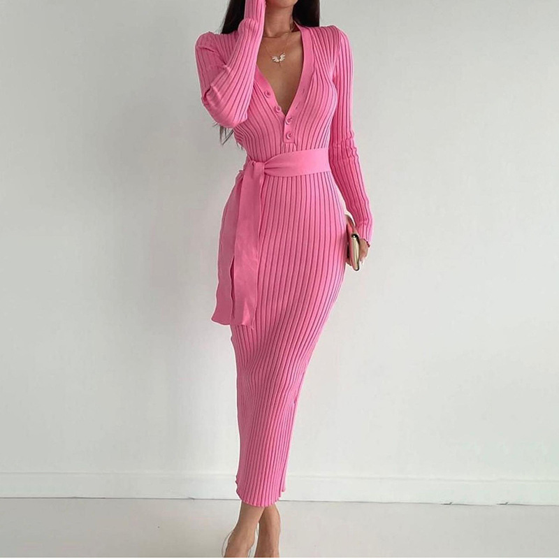 Women's Waist Button Dress Slim Knit Sunken Stripe