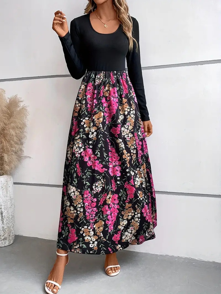 Women's Fashion Flower Multicolor Printing Long Sleeve Dress