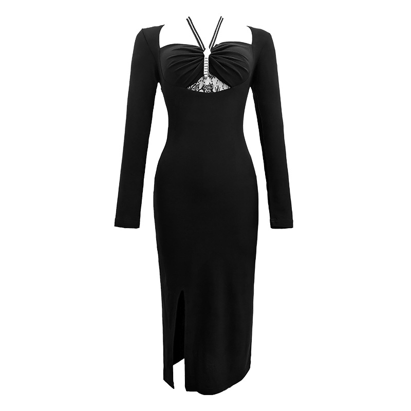 Women'sCutout Halter Dress Tight Waist Package Hip Over-the-knee Split Dress
