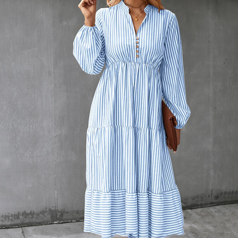European And American Autumn New Striped Long Sleeve Elastic Waist Dress