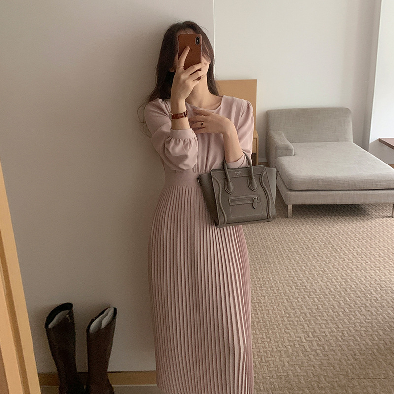 Puff Sleeve Waist Slimming Pleated Dress