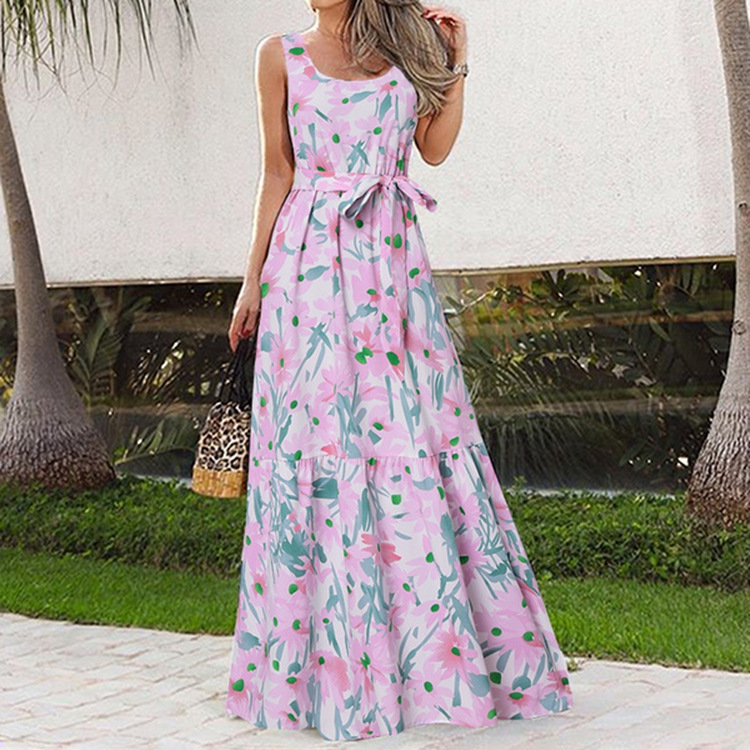 Women's Printed Casual Belt Dress