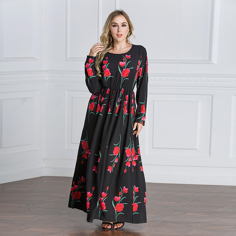 An elegant and attractive dress with a rose print.