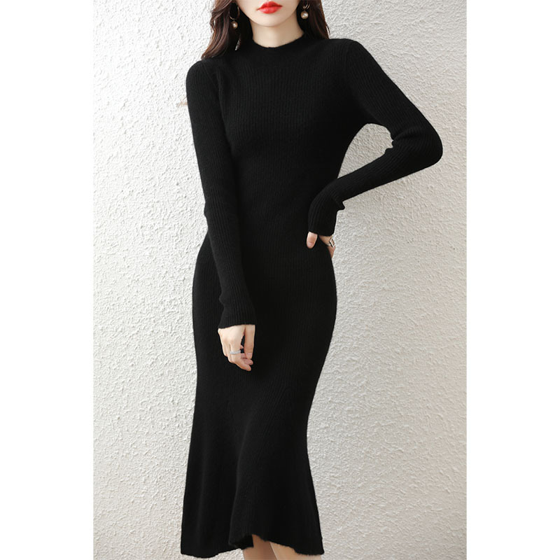 Fashion Half-high Collar Long Sleeves Pullover Knitted Dress