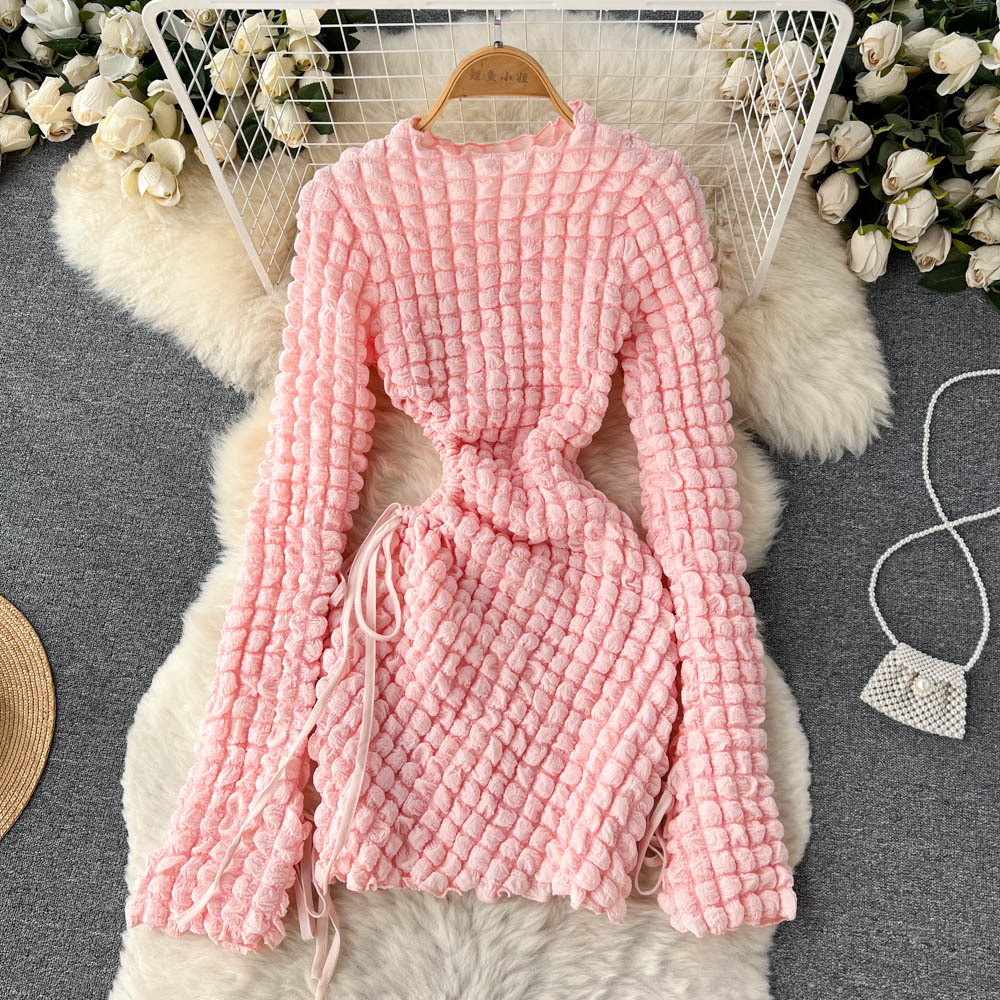 French Lady Temperament Bubble Plaid Long Sleeve Dress