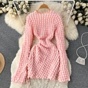 French Lady Temperament Bubble Plaid Long Sleeve Dress