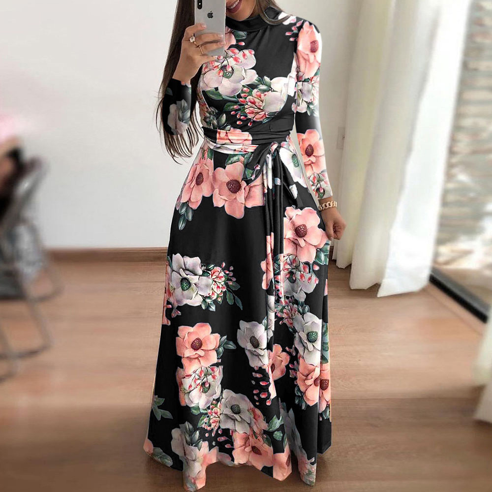 New European And American Flower Print Swing Dress