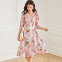 Vintage Ink Print One Piece V Neck Puff Sleeves Mid Length Dress