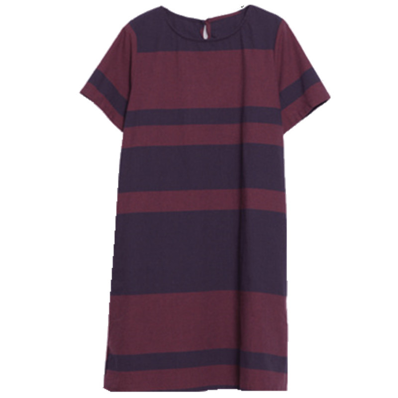 Striped Cotton And Linen Round Neck Short Sleeve Dress Women's Mid Length