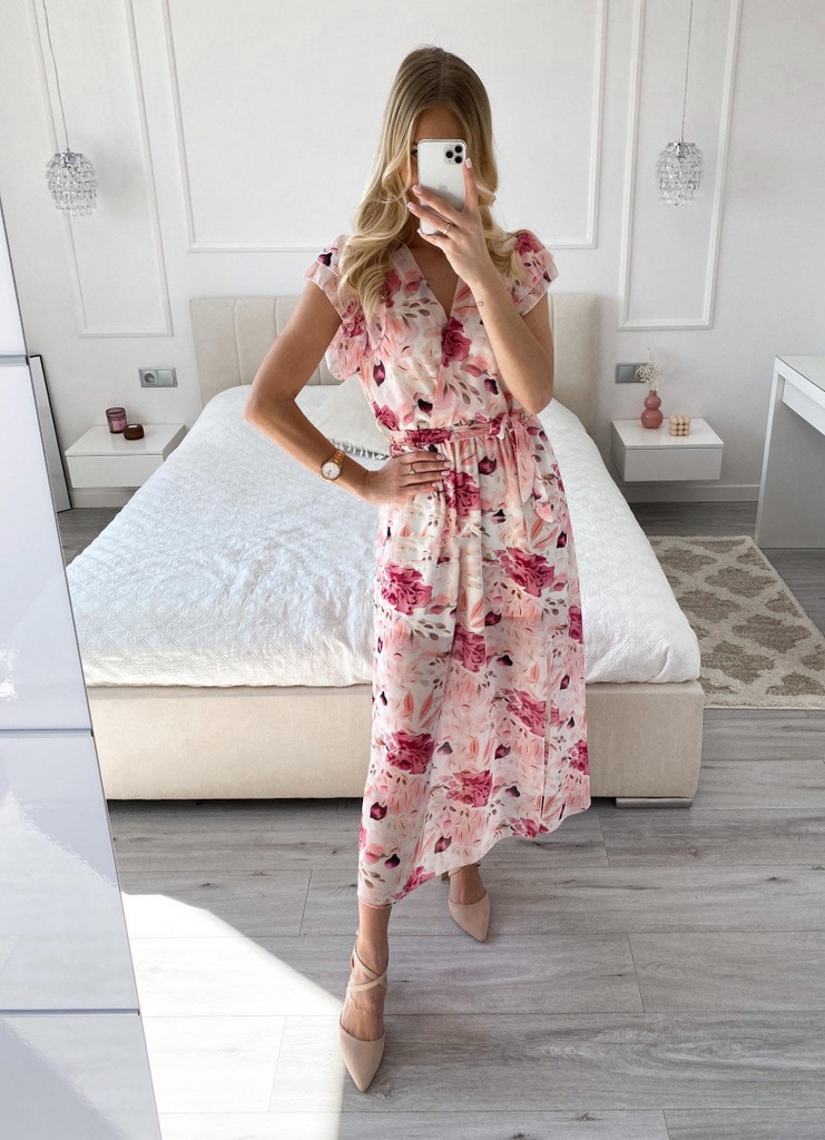 Sleeveless Chiffon Print Ruffle Belt Dress