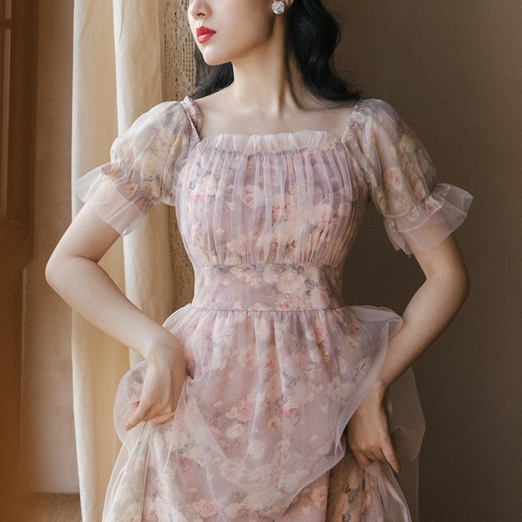 Light Purple Net Yarn Dress Wooden Ear Stitching Square Collar Was Thin